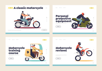 Motorcyclist on motorbikes concept of landing pages set with men bikers riding different motorcycles