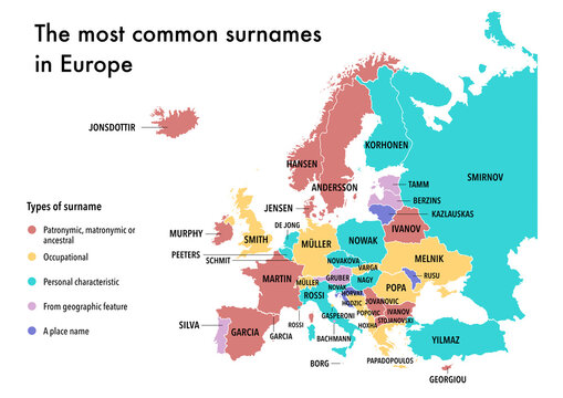 Country map with the most common surnames in Europe Stock