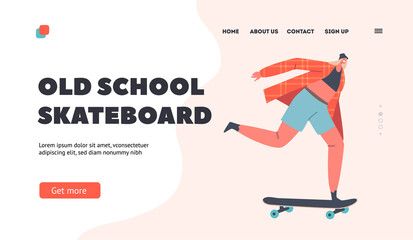 Old School Skateboard Landing Page Template. Skateboarding Outdoors Activity. Young Woman Riding on Skateboard Training