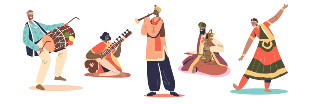 Set of indian artists men musicians playing on traditional musical instruments and dancers