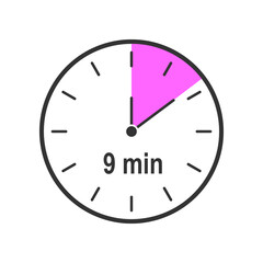 Timer icon with 9 minute time interval. Countdown clock or stopwatch symbol. Infographic element for cooking preparing instruction. Vector flat illustration.