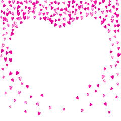 Heart frame for Valentines day with pink glitter. February 14th day. Vector confetti for heart frame template. Grunge hand drawn texture. Love theme for special business offer, banner, flyer.