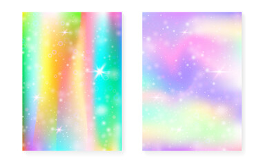 Rainbow background with kawaii princess gradient. Magic unicorn hologram.