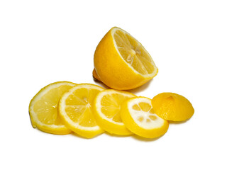 Sliced ​​lemon on a white background. Citrus slices on the table. Bright background. Healthy...