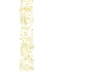 Glitter snowflakes frame on white horizontal background. Shiny Christmas and New Year frame for gift certificate, ads, banners, flyers. Falling snow with golden glitter snowflakes for party invite