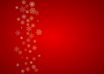 Naklejka na ściany i meble Christmas snow on red background. Glitter frame for winter banners, gift coupon, voucher, ads, party event. Santa Claus colors with golden Christmas snow. Horizontal falling snowflakes for holiday.