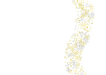 Gold snowflakes frame on white background. New year theme. Horizontal shiny Christmas frame for holiday banner, card, sale, special offer. Falling snow with gold snowflake and glitter for party invite