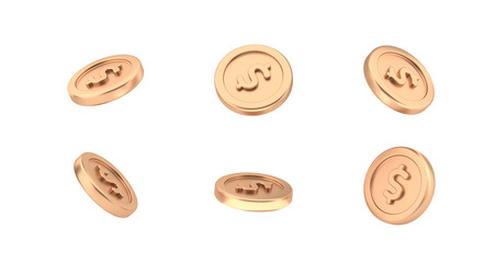 Dollar coins on different angles, isolated on white background. Bundle of cash. Money-saving, cashless society concept. 3d rendering