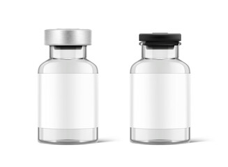 Transparent glass bottles for injections mockup. Vector illustration isolated on white background. Can be use for medicine, cosmetic and other. Perfect for final pack shot. EPS10.	