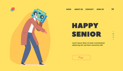 Happy Senior Landing Page Template. Active Old Man in Fashioned Clothes Dancing with Tape Recorder. Cheerful Hipster