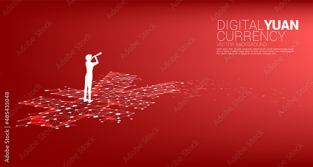 Poster silhouette of businessman use telescope standing with money yuan dot line connect polygon. concept f