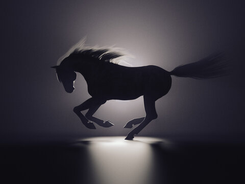 A silhouette of a running horse in the fog. 3D illustration.