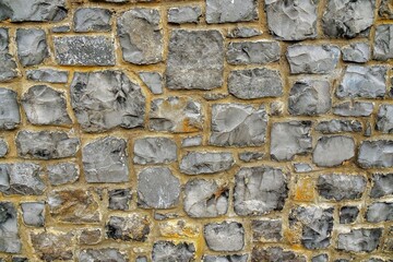 Stone wall made of different size rocks and concrete. Mason craft and skill. Graphic and design background.
