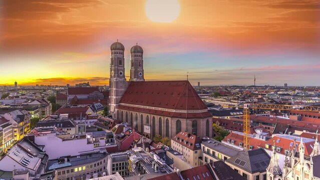Munich frauenkirche skyline aerial view at sunrise view of church cathedral in marienplatz old twon view germany munchen city.
