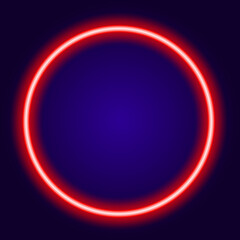 Neon circle of red color. A round-shaped vector frame glowing in the dark with a bright red outline with an empty space inside for text. neon sign template