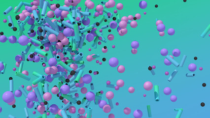 Colorful textured balls and tubes flying. Abstract illustration, 3d render.