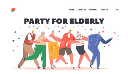Party for Elderly Landing Page Template. Old People Dance Conga Stand in Line with Confetti Falling. Active Men or Women