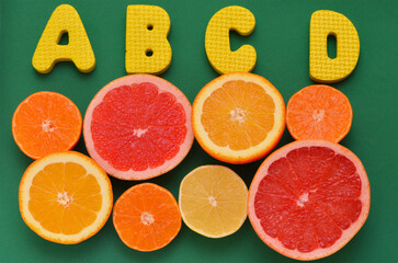 slices of citrus fruits and the letters A, B, C, D means the vitamins they contain