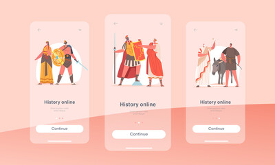 History Online Mobile App Page Onboard Screen Template. Ancient Rome Citizen in Historical Costumes, Gladiator, Orator