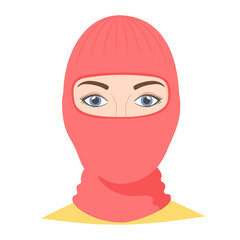 Woman wearing balaclava helmet. Trendy worm headgear for cold weather. Facial mask for the whole head to wear under helmet in flat style. Vector