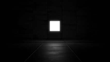 Surreal photography. Box of light in the dark room. Glowing square. Neon square. Abstract illustration