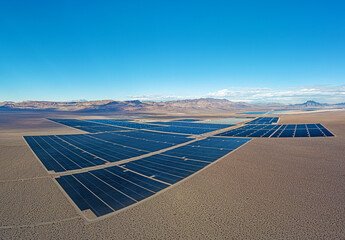Drone panorama over a solar power plant in the Nevada desert during the day in winter