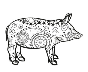 Pig on white. Hand drawn animal with intricate patterns on isolated background. Design for spiritual relaxation for adults. Image for banners, flyers and textiles. Zen art. Zentangle