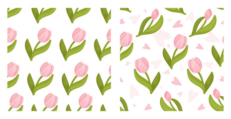 Set of seamless patterns with spring pink tulips and. Cartoon vector graphics.