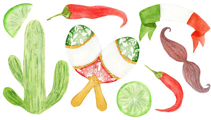 Watercolor collection in Mexico style. Cactus, peppers, lime, maracas, moustache, banner isolated on white background.