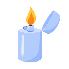 Lighter with flaming fire. Manual gas Lighter isolated on white background. Hiking Bundles. Tourism and traveling concept. Equipment for tourism, hiking, climbing, adventure, travel, rest