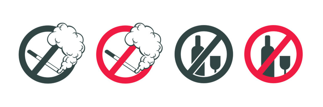 No smoking icon and no drinking icon. Black and white and color images.