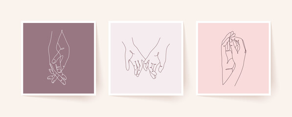 Set of one line holding hands. Valentine's day vector illustration.
