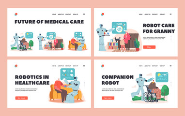 Obraz na płótnie Canvas Future of Medical Care for Seniors Landing Page Template Set. Robots Help Elderly People. Ai Cyborg Walk with Old Man