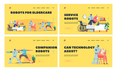 Robots for Eldercare Landing Page Template Set. Cyborg Help Old People, Mechanical Caregiver Assist to Disabled Seniors