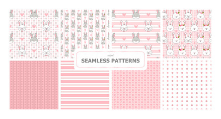 Set of seamless vector patterns. Pack of repeating geometric surface design ornaments. Rabbits and simple shapes. Cute animal character for cards, promotion banners, printing on paper and fabric.
