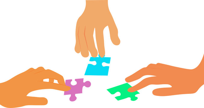 trabajo en equipo, tratando de armar un rompecabezas. Vector sin fondo, fondo transparente