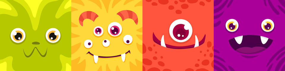 Cartoon Square monster faces set. Funny cute and colorful creatures for avatars and icons. Children vector illustration