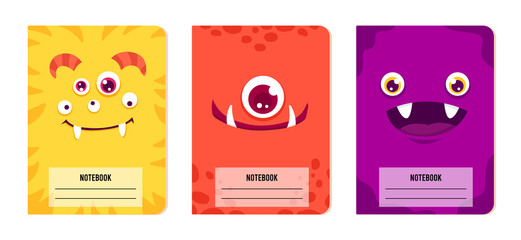 Cute kids Monster cover design for notebooks, planners, brochures, children books. Vector cartoon printable illustration