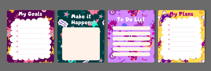 Note paper set with cute monsters patterns. To do list and My plans stickers for children and kids stationery. Vector Flat Illustration for printing