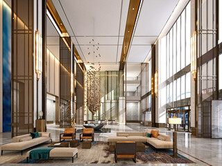3d render of luxury hotel reception lobby