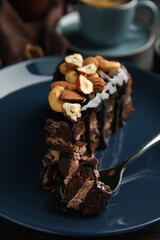 Piece of tasty homemade chocolate cake with nuts on plate, closeup