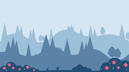 Abstract hill and tree landscape in flat design. Blue color silhouette. Vector illustration.