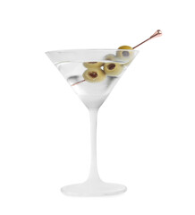 Martini cocktail with olives on white background