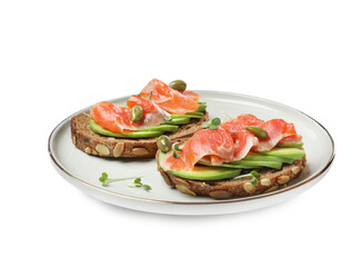 Delicious sandwiches with salmon, avocado and capers on white background