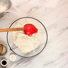 Preparation Ingredients, Step by Step making Delicious Snack in the Kitchen. Top Flour, Food COloring, Egg, Sugar, Salt, and Water