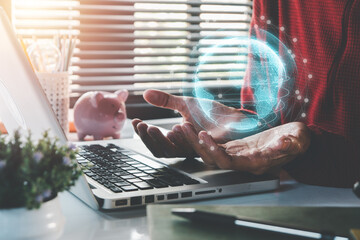 Global network concept, Businessman hand holding global network and data exchanges over the world 3D rendering on offiec desk....