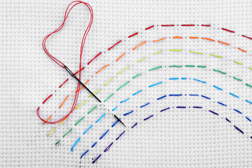 Canvas with embroidered rainbow and needle, top view
