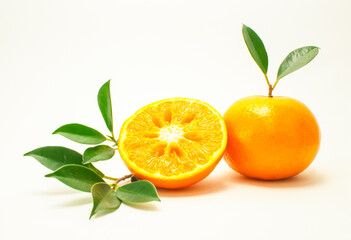 Group of oranges and leaves. Fresh-looking yellow fruit isolated on a white background. Fruits with vitamins and good health focus on specific points. Advertising concept and healthy, space for text