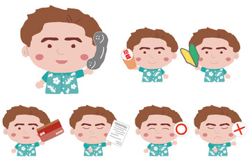 いろいろなポーズをする沖縄のかりゆしウェアを着た若い男性