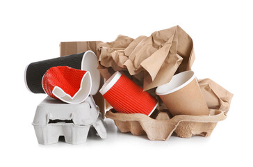 Pile of cardboard garbage on white background. Recycling rubbish